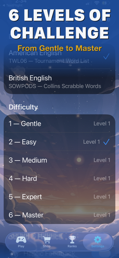Six difficulty levels from Gentle to Master